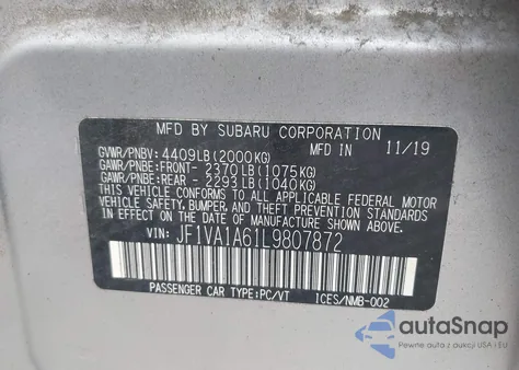 2020 Subaru Wrx z USA, uszkodzony, nr VIN JF1VA1A61L9807872